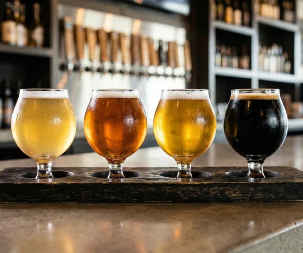 Close-up photograph of four stemmed glasses of craft beer, ranging from pale yellow to dark stout, arranged on a rustic wooden flight paddle. Condensation beads on the glass surfaces, back-lit by natural light from a window, highlighting the liquid's color and foam. The concrete bar counter and a blurred background of beer taps and shelving in a pub are visible.