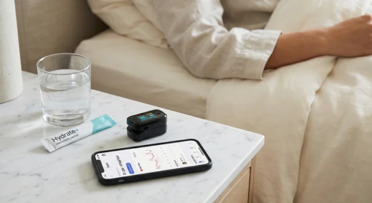 dengue-fever-monitoring-electrolytes-pulse-oximeter-doctor2me A close-up, high-angle shot of a white marble nightstand in a sunlit room. On the table sits a clear glass of water, a white and teal sachet labeled "Hydrate+ electrolyte packet," and a black digital pulse oximeter showing a "98%" reading. A smartphone lies flat, displaying a medical app with a heart rate graph and the text "Dr. Lee - Virtual Visit." In the soft-focus background, a person in a beige linen shirt is resting in a bed with white sheets. The lighting is bright, natural, and airy.