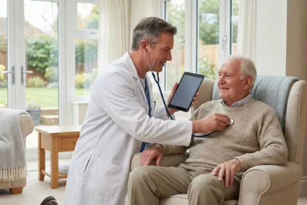 A male doctor in a white coat uses a stethoscope to examine an elderly man seated in an armchair in a bright, modern living room, while the doctor also holds a tablet.