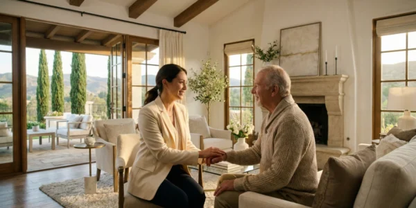 A warm, medium shot of a healthcare professional in a cream blazer sitting in a luxurious Mediterranean-style living room, gently holding the hand of an elderly man in a beige cardigan. The room features high ceilings with exposed wooden beams, a stone fireplace, and elegant decor. Open French doors in the background reveal a stone patio with tall cypress trees and hills during golden hour. The lighting is warm and reassuring, casting a soft glow on the subjects.