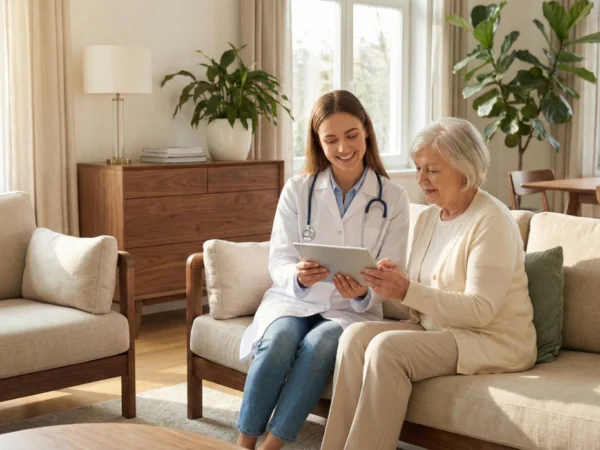 A bright, airy lifestyle shot of a friendly young doctor in a white coat and stethoscope sitting comfortably on a beige sofa next to a senior resident. They are both looking at a tablet screen, sharing a warm, smiling moment. The background is a contemporary living room with a large fiddle-leaf fig plant and mid-century modern wooden furniture, bathed in soft, natural light.