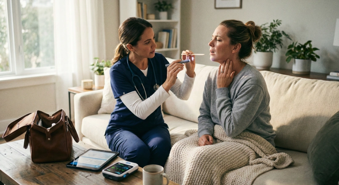 doctor2me-house-call-checking-covid-symptoms-2026 A professional female doctor from Doctor2me conducting an at-home medical consultation, examining a patient's throat to diagnose covid symptoms 2026 while sitting on a living room sofa with diagnostic tools nearby.