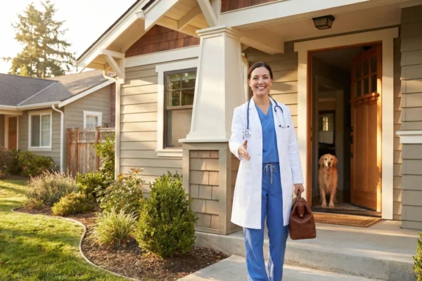 A smiling female Doctor2me physician in a white coat and blue scrubs standing outside a suburban house with a medical bag, ready to provide convenient at-home medical care and primary care services.