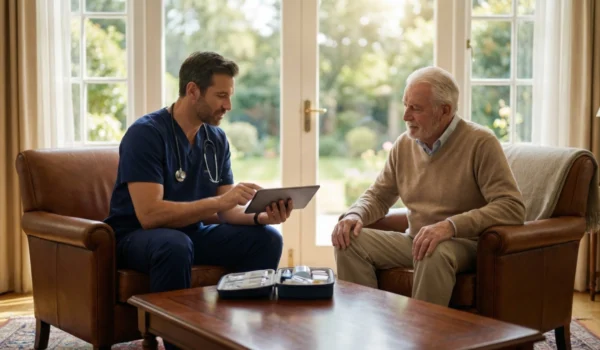 A physician providing personalized medical concierge care to an elderly resident in a cozy living room at Colony of Thousand Oaks, showcasing patient care services at home.