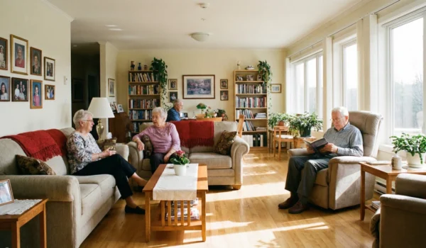 Residents socializing and reading in a bright, sunlit communal living room at a premier elderly care facility in Thousand Oaks, California.