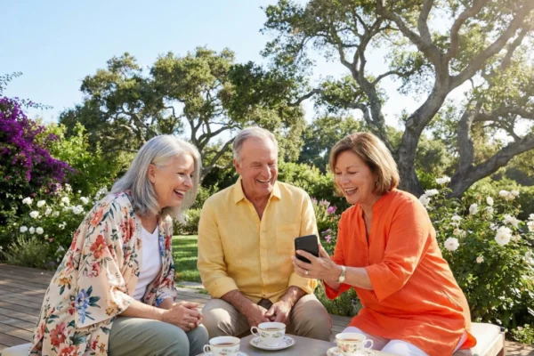 A medium shot under bright, natural daylight capturing three cheerful elderly adults, two women and one man, sitting closely on a wooden bench outdoors. They are all smiling and looking down at a smartphone held by the woman on the right. The background is a lush, sunlit garden filled with purple bougainvillea, white roses, and large trees.