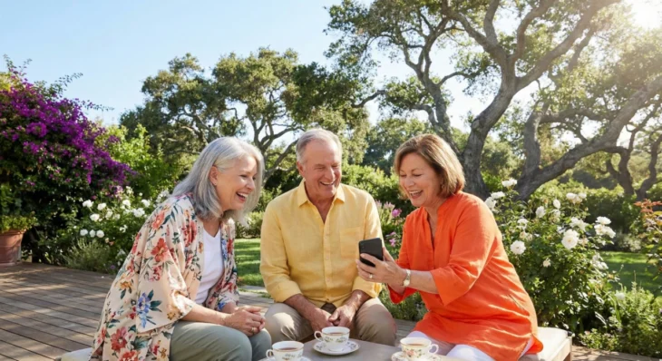 elderly-group-garden-smartphone A medium shot under bright, natural daylight capturing three cheerful elderly adults, two women and one man, sitting closely on a wooden bench outdoors. They are all smiling and looking down at a smartphone held by the woman on the right. The background is a lush, sunlit garden filled with purple bougainvillea, white roses, and large trees.