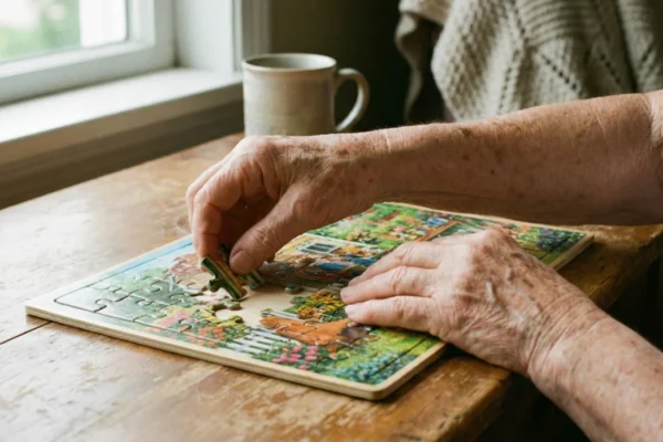 Close-up of an elderly person's hands assembling a colorful jigsaw puzzle on a rustic wooden table next to a ceramic mug, with natural light coming through a window.