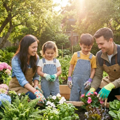 Wide-angle lifestyle photograph of a family of four – mother, father, and two young children – gardening together in raised wooden beds. The sun is setting behind them, creating a warm, golden backlight and lens flare. They are smiling and wearing casual clothes and gardening gloves. The garden is lush with hydrangeas and greenery.