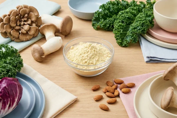 A clean, bright, and modern flat-lay composition on a light oak wooden table, captured in soft, diffused natural daylight. The arrangement features a central glass bowl of fine pale-yellow flour (lupin flour) surrounded by an array of high-fiber ingredients: textured maitake and king oyster mushrooms, vibrant green kale leaves, a head of purple radicchio, and raw almonds scattered on a dusty-rose linen napkin. Minimalist ceramic bowls in pastel blue and cream are balanced in the corners, creating an airy, professional aesthetic. There is no visible text on the objects, emphasizing the raw, organic nature of the foods.