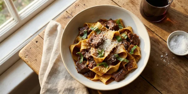 A rustic, warmly lit close-up of a wide bowl containing handmade pappardelle pasta tossed in a rich, dark meat ragu. The composition is set on a weathered wooden table near a white window frame, with soft daylight illuminating the textures of the sauce and the fresh basil garnish. A glass of deep red wine and a small ceramic bowl of sea salt add to the earthy, "Slow Food" aesthetic.