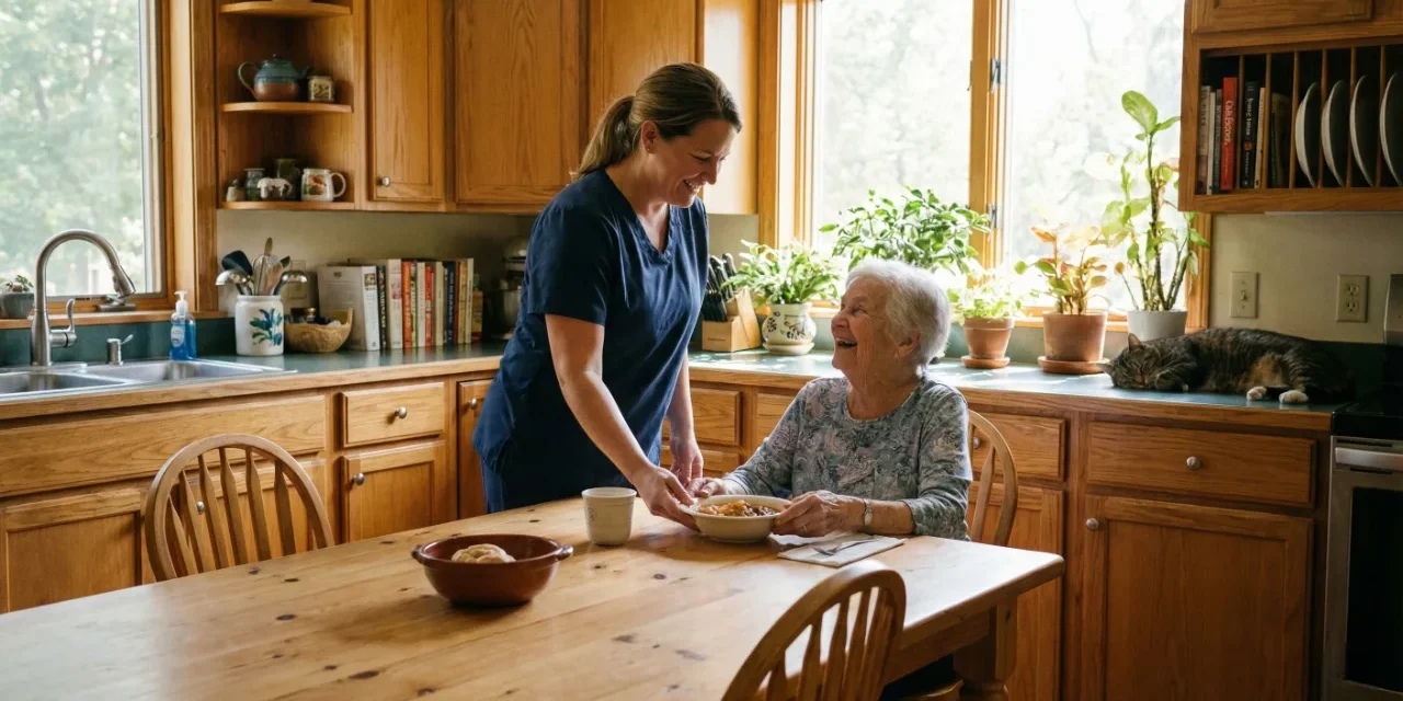 A dedicated caregiver serving a home-cooked meal to a senior resident, demonstrating high-quality home care in Thousand Oaks within a domestic kitchen setting.