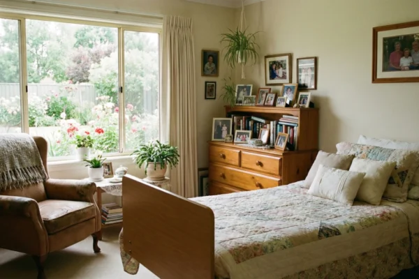 A cozy, personalized private resident bedroom at Colony of Thousand Oaks featuring a garden view, embodying high-standard Thousand Oaks geriatric care.