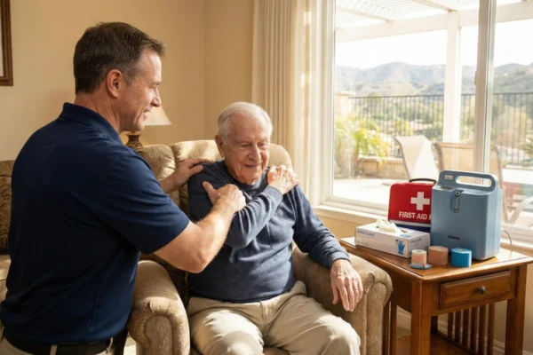 A cozy home interior scene illuminated by warm golden light streaming through a large window with a scenic mountain view. A physical therapist in a navy blue polo shirt assists an elderly man seated in an armchair with shoulder mobility exercises. Neatly arranged on a wooden side table to the right are various medical supplies: a blue portable oxygen concentrator, a red medical kit with "FIRST-AID" printed on it, and a box of sterile gloves. The composition emphasizes a professional yet compassionate atmosphere of home-based care.
