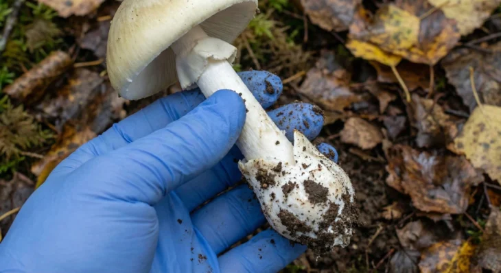 identifying-death-cap-mushroom-image-characteristics A close-up, top-down photograph of a hand in a blue nitrile glove holding a death cap mushroom against a damp background of yellow-brown autumn leaves and mossy soil. The mushroom cap is a smooth, pale greenish-white. The white stem features a thin, ragged ring near the top and terminates in a dirty, bulbous sac-like base (volva) heavily coated in moist dark earth. The natural, diffused lighting highlights the death cap mushroom characteristics, such as the white gills visible under the edge of the cap and the soil texture on the volva.