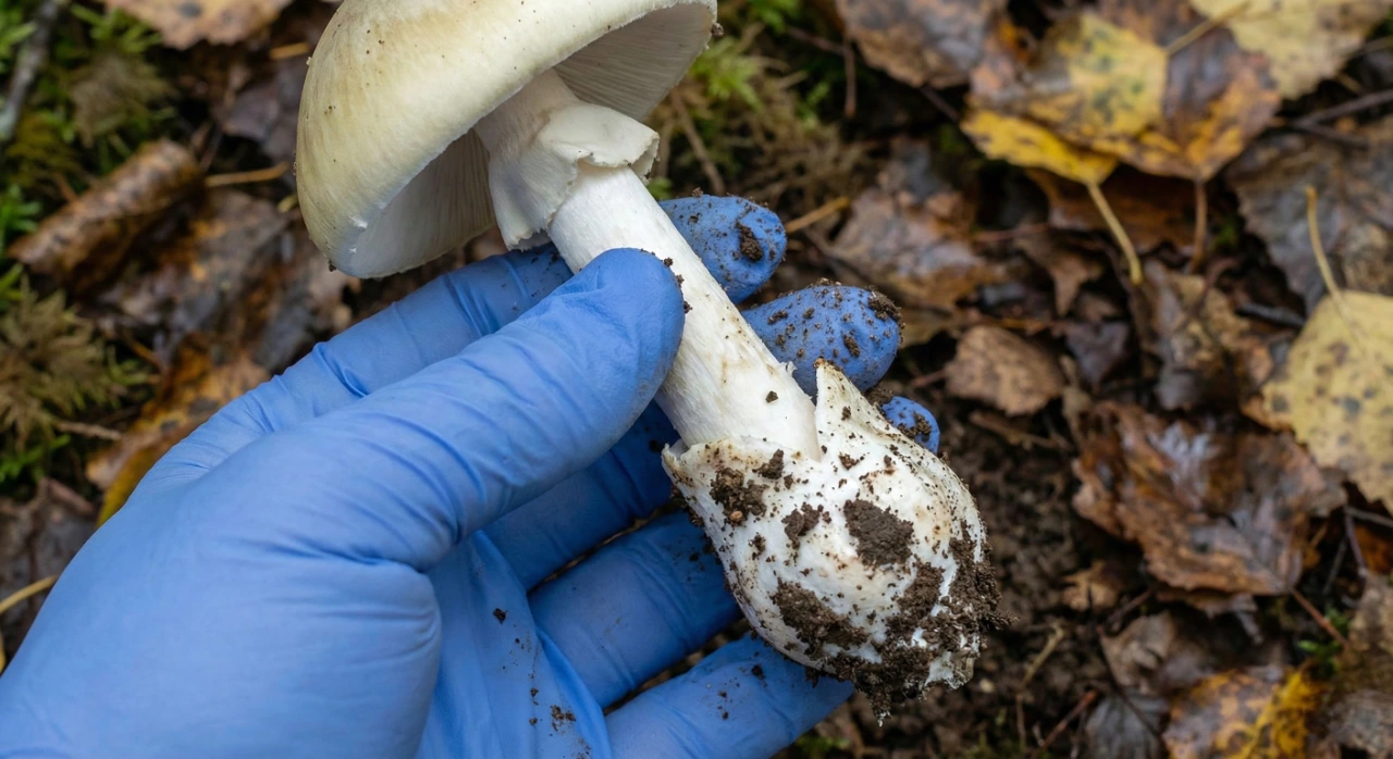 identifying-death-cap-mushroom-image-characteristics A close-up, top-down photograph of a hand in a blue nitrile glove holding a death cap mushroom against a damp background of yellow-brown autumn leaves and mossy soil. The mushroom cap is a smooth, pale greenish-white. The white stem features a thin, ragged ring near the top and terminates in a dirty, bulbous sac-like base (volva) heavily coated in moist dark earth. The natural, diffused lighting highlights the death cap mushroom characteristics, such as the white gills visible under the edge of the cap and the soil texture on the volva.