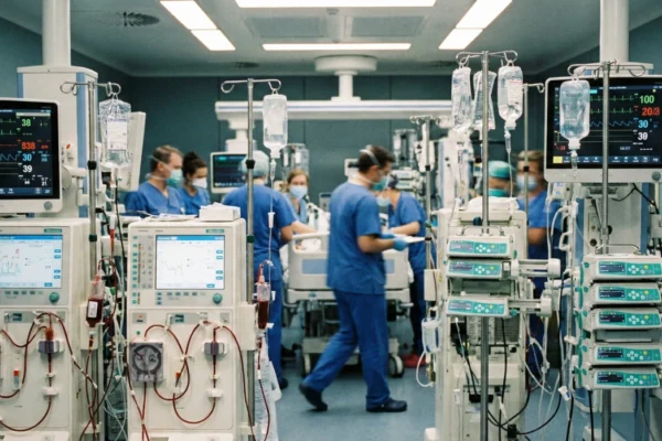 A wide-angle, clinical view of a high-tech Intensive Care Unit (ICU) under bright, sterile white fluorescent lighting. In the foreground, two large medical machines, resembling dialysis units, display digital monitors with graphs and clear tubing filled with red fluid. To the right, a monitor glows with vitals in green and red text, showing a heart rate of "100" and other numerical data. In the blurred background, several medical professionals in blue scrubs and surgical masks move around a patient bed, surrounded by IV poles with hanging bags of fluid.