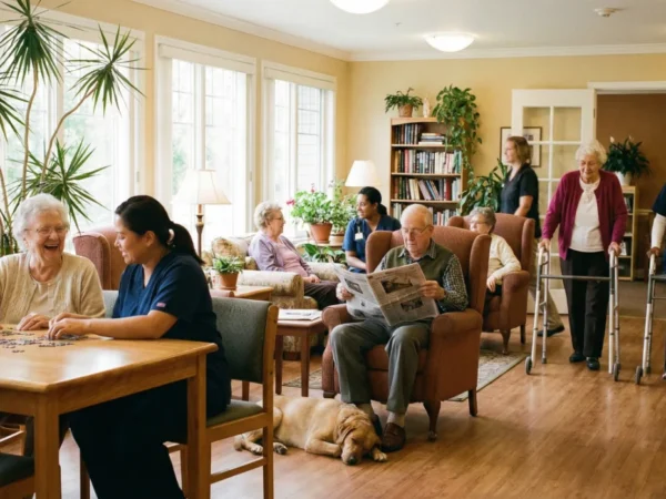 Senior residents enjoying social activities and puzzles with home care specialists in a bright, comfortable common room at Gem Oaks.