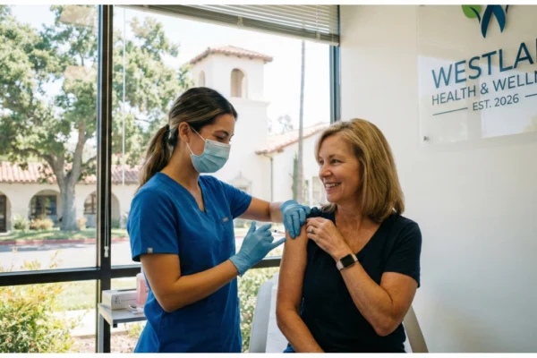 A horizontal shot taken in a bright medical office filled with natural daylight from a large panoramic window. A nurse in blue scrubs and a protective face mask administers a vaccine into the shoulder of a smiling woman. On the white wall to the right, a clear acrylic plaque is mounted, featuring a logo and the text "WESTLAKE HEALTH & WELLNESS EST. 2026." Outside the window, lush green trees and a Mediterranean-style building with a red-tiled roof are visible.