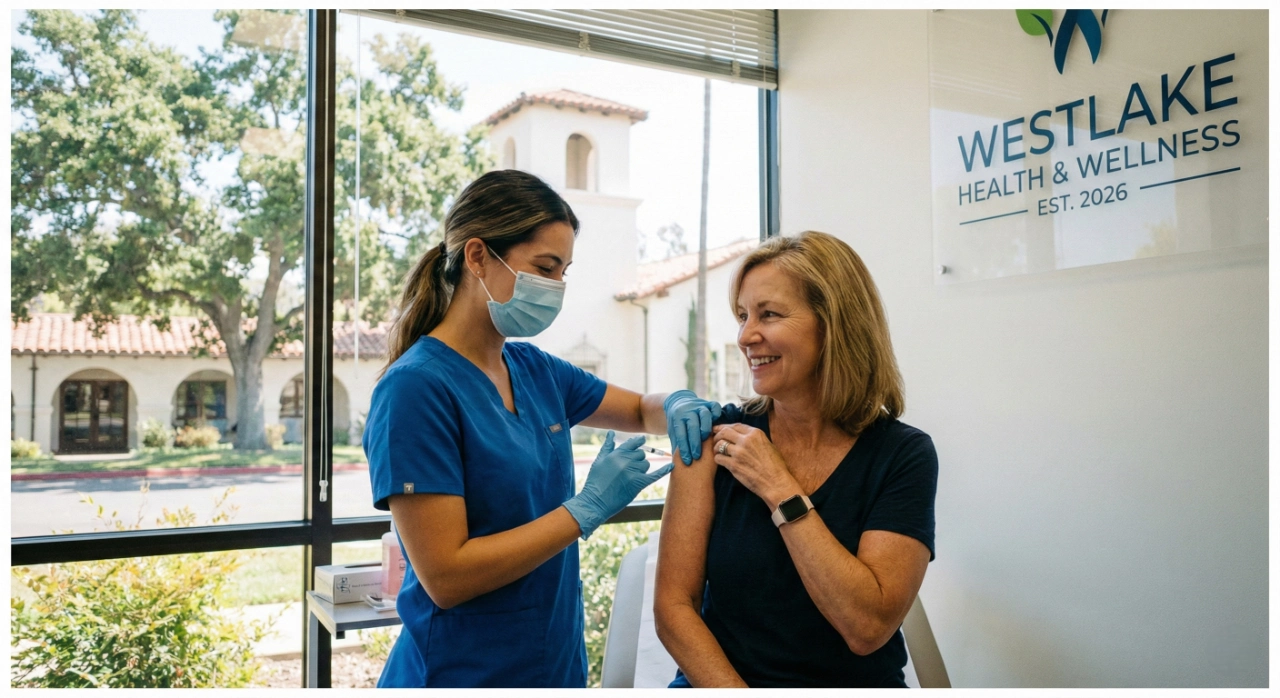 mmr-vaccination-drive-2026-westlake-village A horizontal shot taken in a bright medical office filled with natural daylight from a large panoramic window. A nurse in blue scrubs and a protective face mask administers a vaccine into the shoulder of a smiling woman. On the white wall to the right, a clear acrylic plaque is mounted, featuring a logo and the text "WESTLAKE HEALTH & WELLNESS EST. 2026." Outside the window, lush green trees and a Mediterranean-style building with a red-tiled roof are visible.