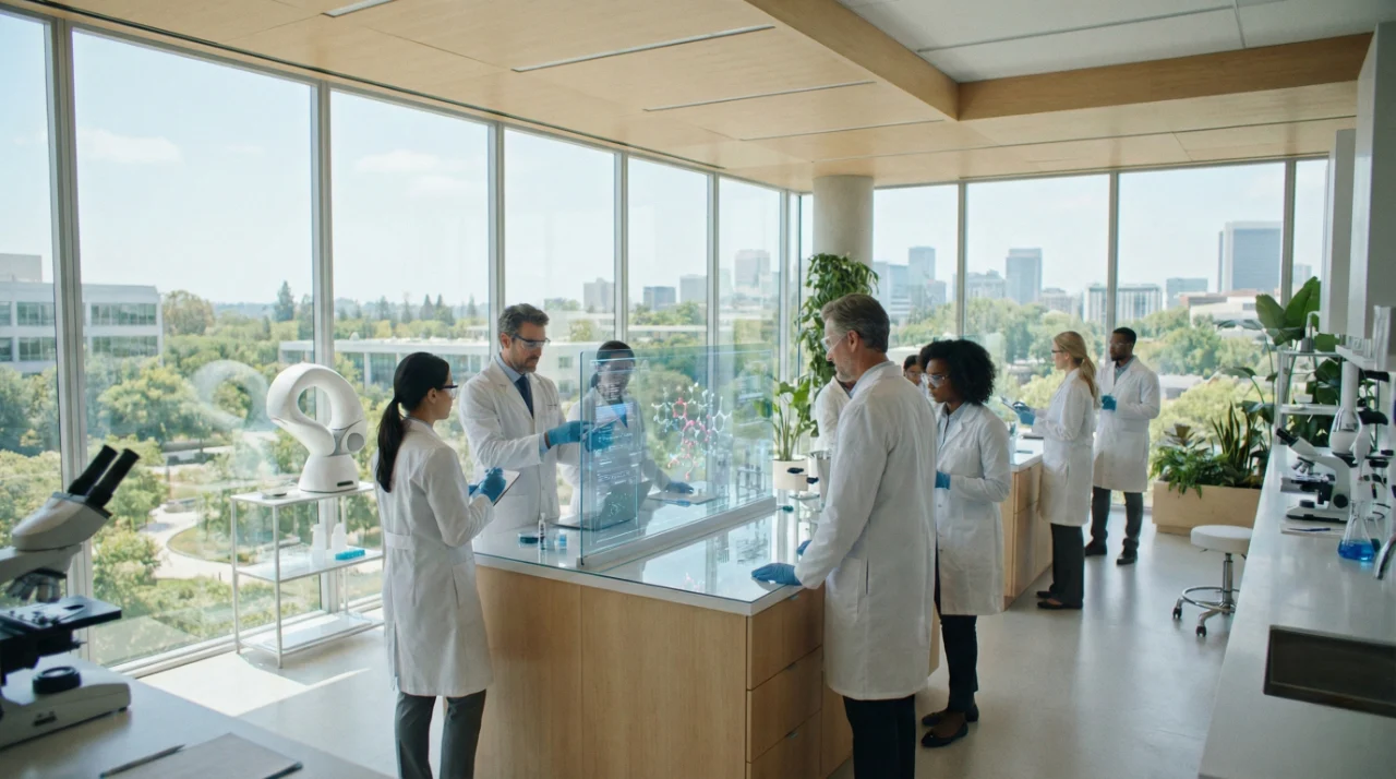 new-cancer-research-pancreatic-malignancy-lab-breakthrough A bright, high-tech medical laboratory filled with cool, airy daylight from floor-to-ceiling windows overlooking a lush city skyline. A diverse team of scientists in crisp white lab coats and protective eyewear works around a central glass table. In the center, a transparent holographic screen displays a glowing 3D molecular structure with red and blue nodes. The composition is a wide-angle shot that captures a sense of innovation, professional collaboration, and cutting-edge technology.