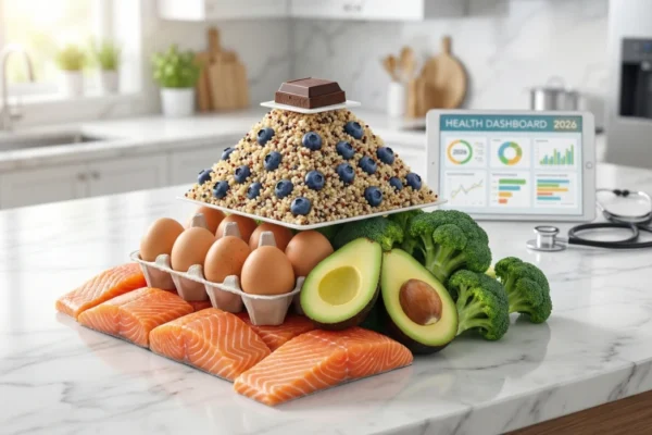 A 3D representation of the new food pyramid 2026 featuring a base of salmon, avocado, and eggs, transitioning to quinoa and berries, illustrating the latest dietary guidelines for Americans with a medical health dashboard in the background.