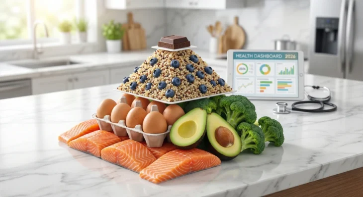 new-food-pyramid-vs-old-dietary-guidelines-2026 A 3D representation of the new food pyramid 2026 featuring a base of salmon, avocado, and eggs, transitioning to quinoa and berries, illustrating the latest dietary guidelines for Americans with a medical health dashboard in the background.