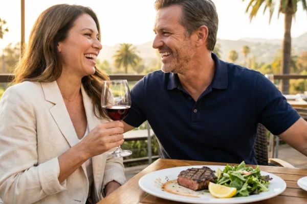 A candid, golden-hour photograph of a smiling couple enjoying an outdoor dinner on a sun-drenched terrace. The lighting is warm and hazy, with palm trees and soft mountain silhouettes in the background. The foreground composition features a perfectly grilled steak with a fresh green salad, capturing a moment of relaxed, high-end California lifestyle and social well-being.