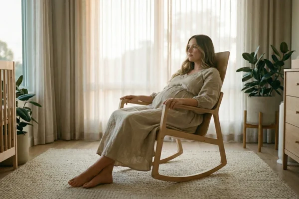 A serene, editorial-style photograph of a pregnant woman in profile, sitting in a light wood rocking chair inside a minimalist, sun-drenched nursery. She is wearing a neutral-toned linen dress, and the scene is illuminated by ethereal, hazy light filtering through large windows with sheer curtains. The room features clean lines, a light wooden crib, a woven rug, and lush green plants, creating a calm and organic aesthetic. The composition is centered and spacious, using a muted, earthy color palette.