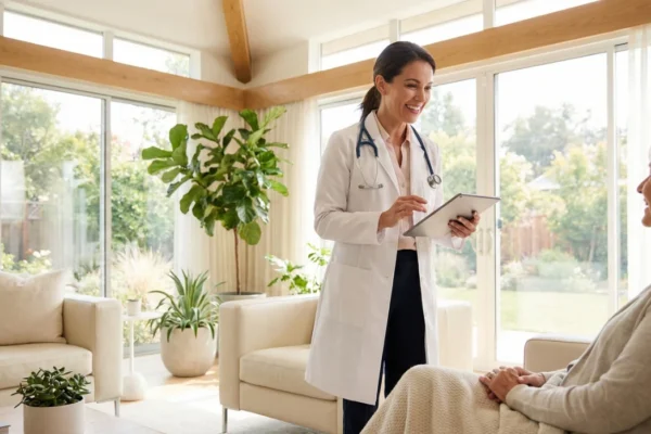 A high-key, bright lifestyle shot in a modern sunlit living room. A smiling female doctor in a white lab coat stands with a digital tablet, bathed in soft natural light from large floor-to-ceiling windows. The composition uses a shallow depth of field to focus on the warm interaction, with lush green plants in the background providing a fresh, healthy aesthetic.