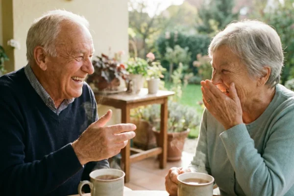 Candid medium shot of an elderly man and woman sharing a hearty laugh over mugs of steaming tea. The composition focuses on their joyful facial expressions and expressive hand gestures, creating a sense of genuine connection. Soft, warm natural light bathes the scene, highlighting the textures of their clothing and creating a gentle glow. The background features a softly blurred sun-drenched garden (bokeh effect), which adds a sense of peaceful, outdoor tranquility while keeping the emphasis entirely on the human interaction.