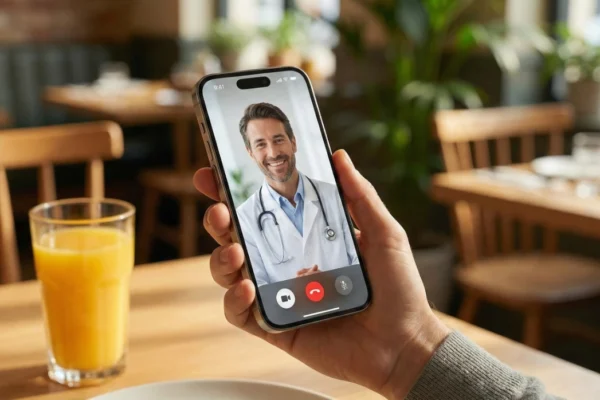 A person's hand holds a modern smartphone displaying a live video consultation with a male doctor in a white coat with a stethoscope. The screen is in focus, showing the doctor smiling. On a wooden table in the foreground, there is a glass of orange juice. The background is a brightly lit, blurred cafe interior with wooden chairs and greenery.