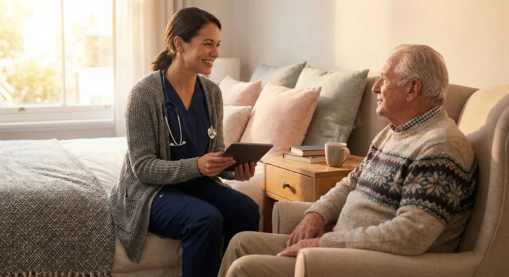 thousand-oaks-geriatrics-care A side-angle mid-shot with a shallow depth of field, bathed in warm, soft natural light streaming from a large window on the left. The composition creates a balanced, intimate scene with a smiling female healthcare professional in navy scrubs and a grey cardigan on the left, and an elderly man in a neutral-toned knit sweater on the right. The color palette is composed of warm earth tones, soft beiges, and golden highlights. The background is softly blurred, showing a domestic bedroom setting with pillows and a wooden nightstand. There is no legible text on the tablet or the medical equipment.