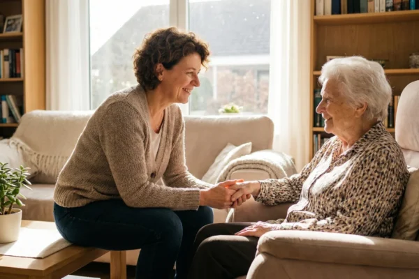 Two women, one older and one younger, smile warmly at each other while holding hands in a sunlit living room. The younger woman is crouched down in front of the older woman, who is seated comfortably in an armchair.