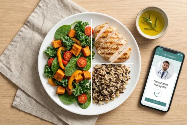 A healthy meal plate following new dietary guidelines alongside a smartphone showing a virtual consultation in progress, representing telehealth Westlake Village services and modern health nutrition.