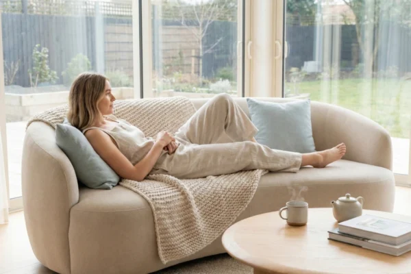 Minimalist interior photograph of a woman reclined on a curved, light-colored sofa, looking out a large floor-to-ceiling window at a garden. She is wearing beige linen clothing. A knitted blanket, a steaming mug, and books are on a round wooden coffee table. The room is filled with soft, natural light.