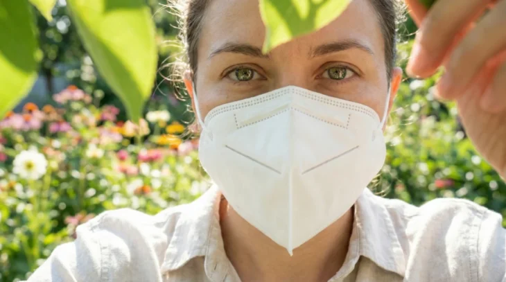 woman-wearing-n95-respirator-mask-gardening-safety-protection Close-up photograph of a woman with green eyes wearing a white N95 respirator mask, looking directly at the camera. Bright sunlight filters through green leaves in the foreground. The background is a sunlit garden with blurred colorful flowers.
