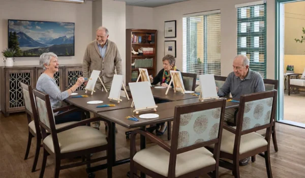 High-key interior lighting illuminates a spacious activity room. The composition is centered on a U-shaped wooden table where seniors engage with canvases on miniature easels. The color palette is warm and natural, balanced by cool blue tones from a digital screen in the background displaying a mountain landscape, creating a sense of focused, vibrant energy.