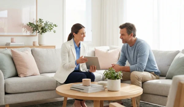 A bright and airy lifestyle shot of a female doctor in a white blazer and a male patient sitting on a neutral-toned sofa in a modern, sunlit living room. The composition is balanced and calm, focusing on a friendly interaction over a digital tablet. The soft, diffused natural light and minimalist decor emphasize comfort and high-end professional care.