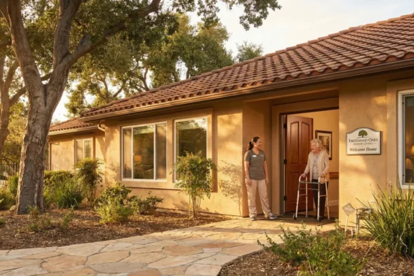 A wide architectural shot of a Mediterranean-style ranch house during the golden hour, with long shadows stretching across a stone-paved path. A caregiver and a senior woman with a walker stand in the open doorway. To the right of the door, a prominent white plaque with a tree logo reads "THOUSAND OAKS SENIOR LIVING - Welcome Home." The scene is framed by large oak trees and warm, orange-hued sunlight hitting the stucco walls and terracotta roof tiles.