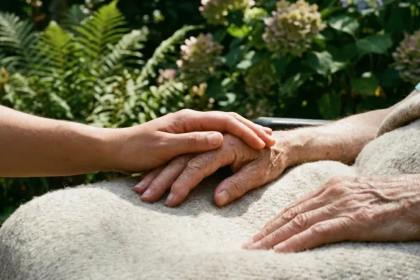A close-up, high-detail shot focusing on a younger hand gently resting on an elderly, textured hand atop a soft, beige knitted blanket. The composition is centered and intimate, bathed in soft, dappled sunlight filtering through a background of lush green ferns and blooming hydrangeas. The lighting creates a warm, serene, and deeply comforting atmosphere with a shallow depth of field.