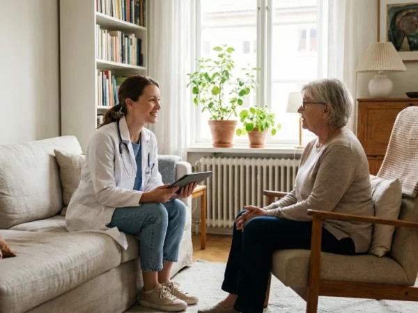 A photograph of a female doctor in a white coat and jeans sitting on a beige sofa, holding a tablet and smiling while talking to an elderly woman seated in an armchair opposite her. The setting is a bright, sunlit living room with bookshelves, plants, and natural decor. The atmosphere is warm and personal.
