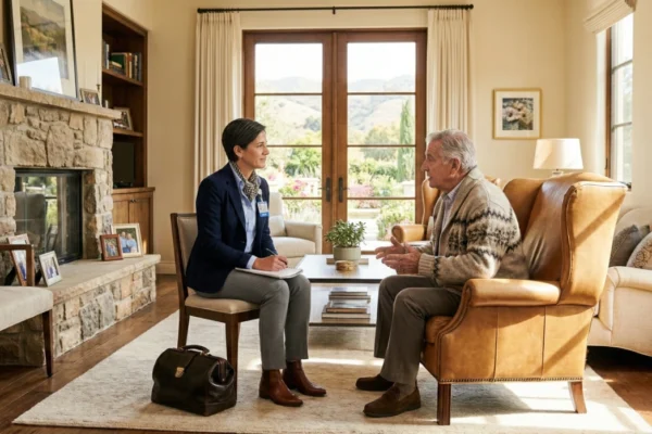 A balanced, eye-level wide shot of a female doctor in a navy blazer and an elderly man in a leather armchair, engaged in a conversation in a sun-drenched living room. Warm, natural light streams through French doors, highlighting a stone fireplace and a professional leather medical bag resting on a cream-colored rug.