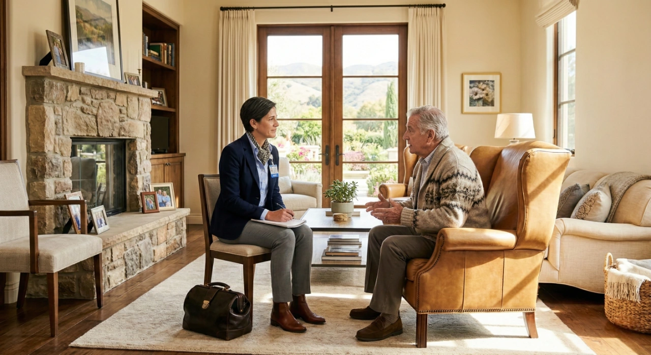 doctor-home-visit-senior-care-conejo-valley A balanced, eye-level wide shot of a female doctor in a navy blazer and an elderly man in a leather armchair, engaged in a conversation in a sun-drenched living room. Warm, natural light streams through French doors, highlighting a stone fireplace and a professional leather medical bag resting on a cream-colored rug.