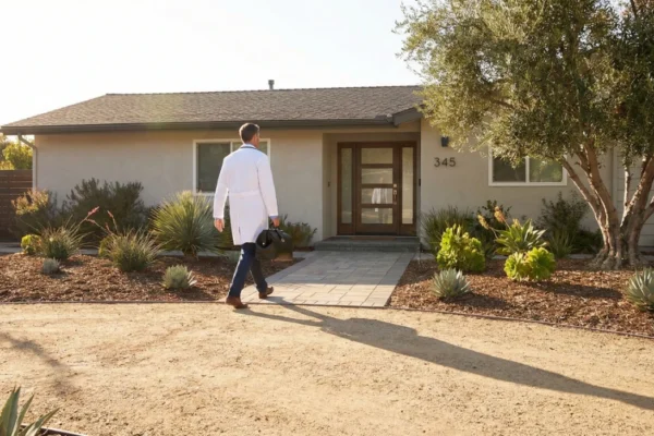 A wide, cinematic shot of a modern ranch-style suburban home under a bright, clear sky. A male doctor in a crisp white lab coat and blue trousers walks along a light-grey stone path toward a large glass-paneled wooden door. Sharp, high-contrast afternoon sunlight casts a long, distinct shadow of the doctor across a sandy, desert-scaped foreground.