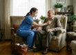 A wide, realistic shot of a home visit. A female healthcare provider in blue scrubs and a white N95 mask is seated on a low chair, leaning forward to listen to an elderly manâs chest with a stethoscope. The patient is sitting in a comfortable, floral-patterned armchair, smiling warmly at the provider. An open brown leather medical bag filled with supplies sits on the wooden floor. The room is filled with soft, diffused light from large windows behind white curtains, surrounded by bookshelves and indoor plants.