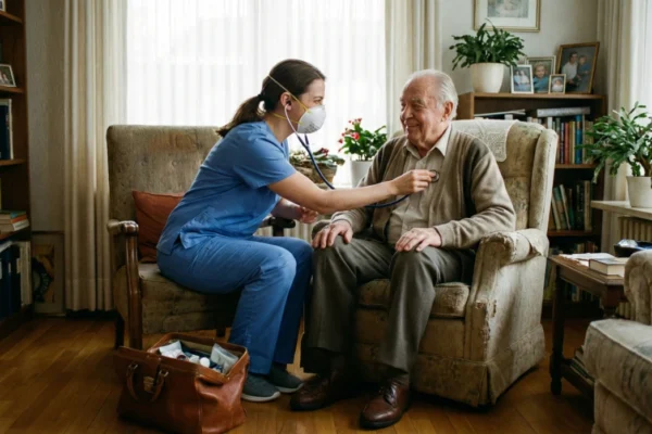 A wide, realistic shot of a home visit. A female healthcare provider in blue scrubs and a white N95 mask is seated on a low chair, leaning forward to listen to an elderly man’s chest with a stethoscope. The patient is sitting in a comfortable, floral-patterned armchair, smiling warmly at the provider. An open brown leather medical bag filled with supplies sits on the wooden floor. The room is filled with soft, diffused light from large windows behind white curtains, surrounded by bookshelves and indoor plants.