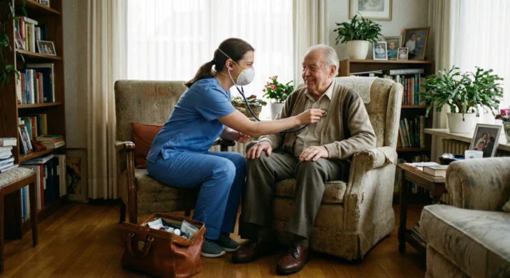doctor2me-home-visit-at-home-care-for-covid-guidelines A wide, realistic shot of a home visit. A female healthcare provider in blue scrubs and a white N95 mask is seated on a low chair, leaning forward to listen to an elderly man’s chest with a stethoscope. The patient is sitting in a comfortable, floral-patterned armchair, smiling warmly at the provider. An open brown leather medical bag filled with supplies sits on the wooden floor. The room is filled with soft, diffused light from large windows behind white curtains, surrounded by bookshelves and indoor plants.