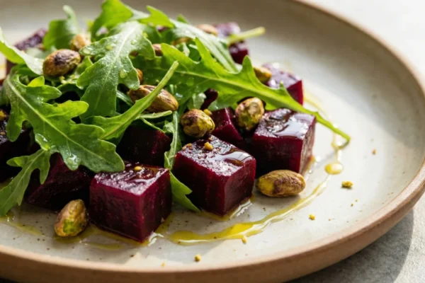 A high-contrast, close-up shot of a healthy beet salad on a matte ceramic plate. The composition highlights jewel-toned deep red beet cubes, vibrant green arugula leaves, and toasted pistachios. Side lighting emphasizes the glistening trail of golden olive oil and the crisp texture of the greens, creating an earthy and fresh aesthetic.
