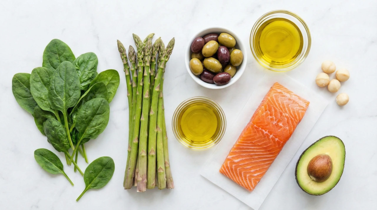 healthy-low-carb-foods-keto-diet A minimalist top-down composition featuring fresh keto ingredients arranged on a crisp white surface. Bright, even studio light highlights the textures of a raw salmon fillet, vibrant green asparagus spears, a bundle of spinach, and bowls of green olives and golden olive oil. The arrangement is clean and airy with a symmetrical aesthetic.